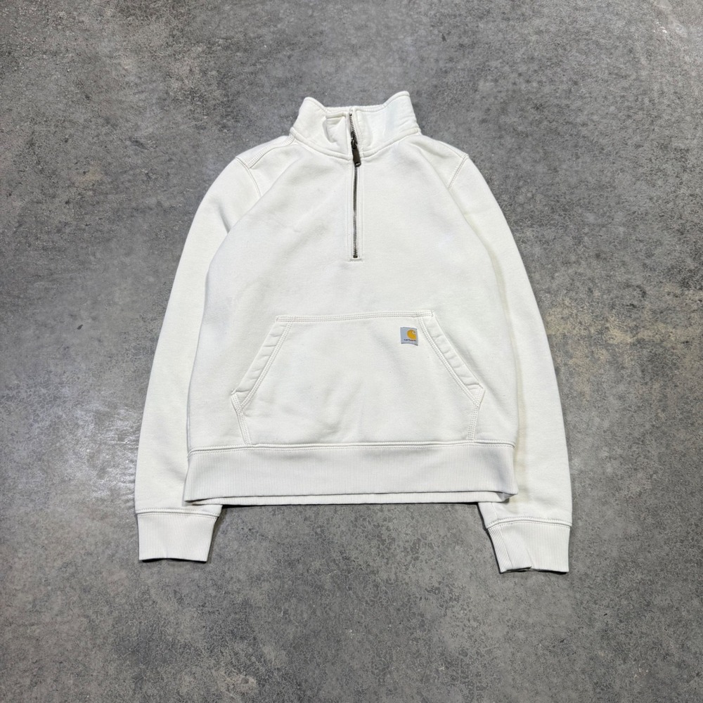 Carhartt Pullover Women Small Cream Quarter Zip Relaxed Fit Fleece Logo Patch